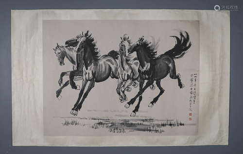 Chinese ink painting Xu Beihong's paper-based galloping hors...