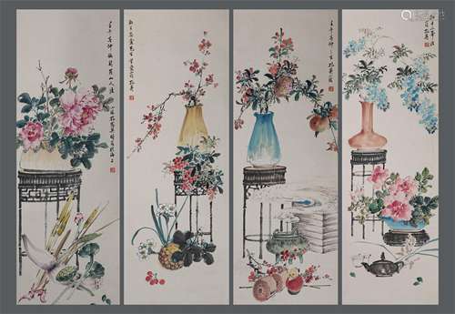 Chinese ink painting Shang Xiaoyun paper based four screens ...