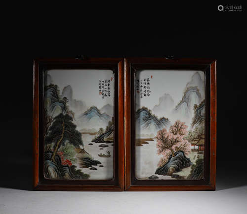 A pair of porcelain plate paintings and mirror frames