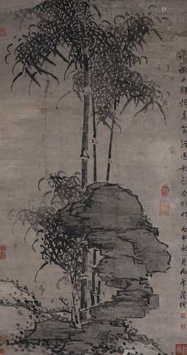 Chinese ink painting, Luo Pin paper, bamboo and stone drawin...