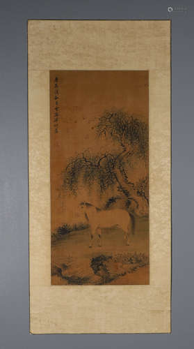 Chinese ink painting Puxi silk book with horse mirror heart