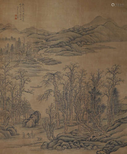 Chinese ink painting Wang Hui's silk painting of mountains a...