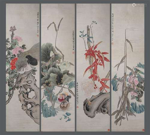 Chinese ink painting Ren Bonian's four screens of flowers an...