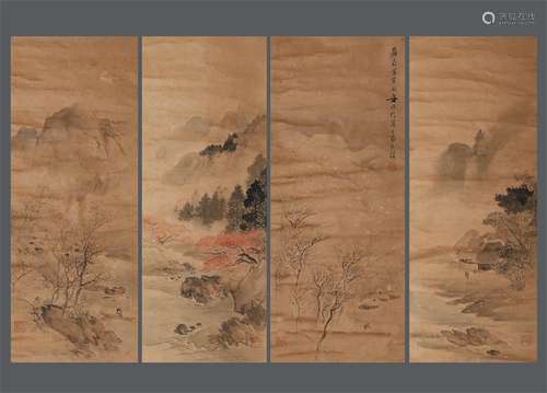 Four screens of Chinese ink and wash painting, Huang Huanwu,...