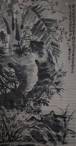 Chinese ink painting with Chen Chun's paper based flower art...