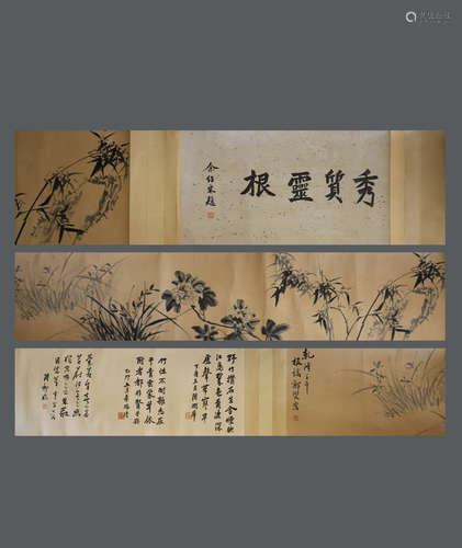 Chinese ink painting Zheng Banqiao paper scroll with orchids