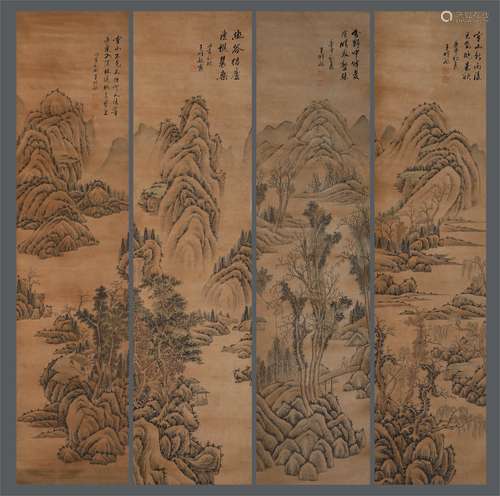 Chinese ink painting Wang Shimin's four screens of paper-bas...