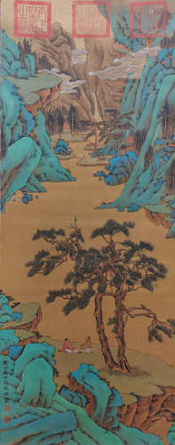 Chinese ancient ink painting, Huizhou Ming silk, landscape c...