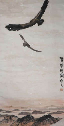 Chinese ink painting Wu Zuoren's paper twin eagles