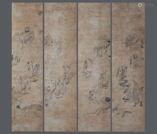 Four screens of anonymous paper characters in Chinese ink pa...