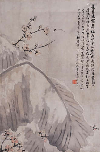吴谷祥(1848-1903)  蕉叶梅花 1889年作 设色纸本 立轴