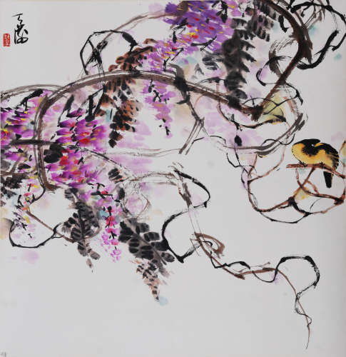 韩天衡(b.1940)  幽禽紫藤图  设色纸本 立轴