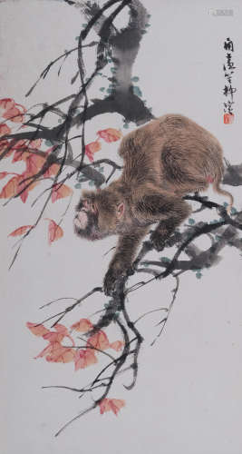 柳滨(1887-1945)  枫猴图  设色纸本 镜心