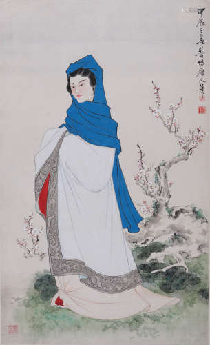 李行百(b.1926)  仕女赏梅图 1964年作  设色纸本  立轴