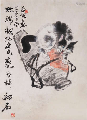 蔡鹤洲(1911-1971)  猫趣 1964年作  设色纸本  镜心