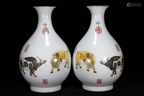 清乾隆珐琅彩鎏金牧牛纹玉壶春瓶对价2000臱高35厘米直径22厘米