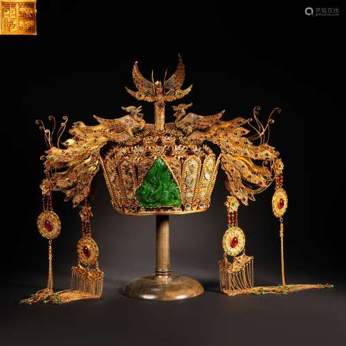 清代鎏金掐絲嵌珠寶鳳紋冠