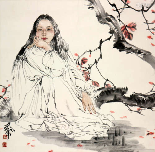 何家英 (b.1957) 红叶少女