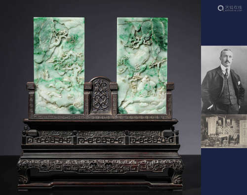 A Pair Of Jadeite Jade Elephant And Lions Table Screens