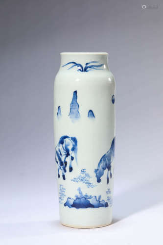 A Blue And White Two Horses Vase