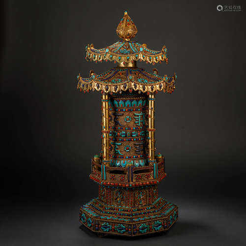 A Gilt Bronze Prayer Wheel Inlaid with Turquoise, Qing Dynas...