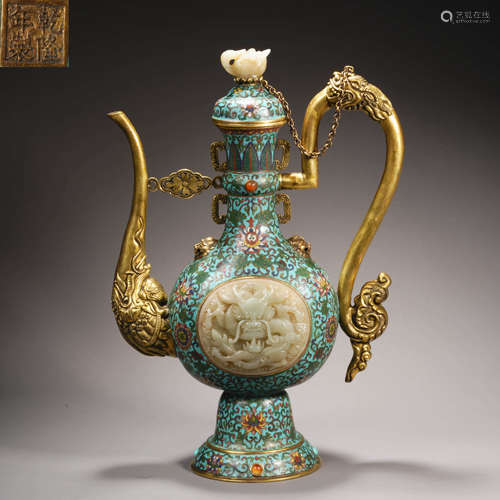 Qing Dynasty Cloisonne Ewer with Hetian Jade Dragon Pattern