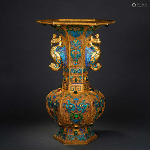 Qing Dynasty Silver Gilt Filigree Roasted Blue Inlaid Jewelr...