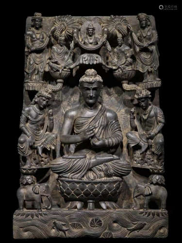 Gray schist stone Buddhist story niche