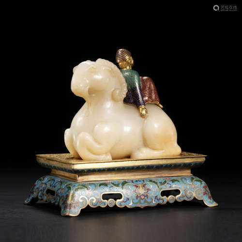 Ming Dynasty Cloisonne Inlaid Hetian Jade Figure Riding Anim...