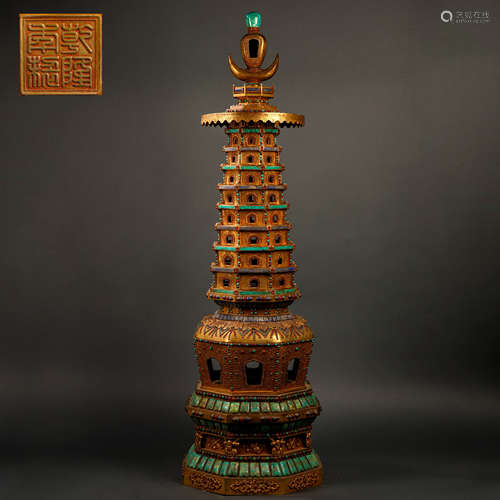 Gilt Bronze Pagoda Inlaid with Gemstones, Qing Dynasty