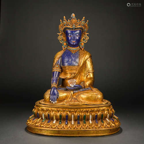 Qing Dynasty Gilt Bronze Inlaid Lapis Lazuli Buddha Statue