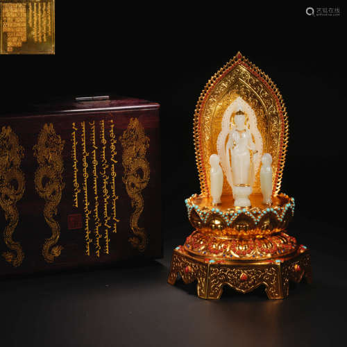 Hetian Jade Avalokitesvara Standing Statue and Attendant Bud...