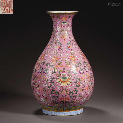 Qing Daoguang Carmine Ground Pastel Wrapped Flowers Jade Pot...