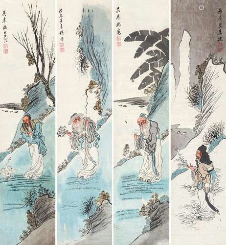 吴东槐 1853-1904 山水人物四屏 纸本 立轴