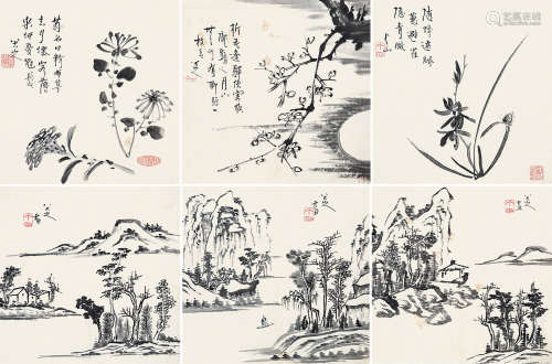 八大山人 1626-约1705 花卉山水册页六帧 纸本 册页