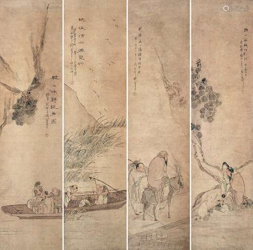 钱慧安 1833-1911 山水人物四屏 纸本 屏轴