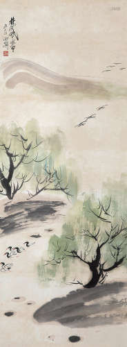 林风眠 1900-1991  柳塘鸭趣 纸本 立轴