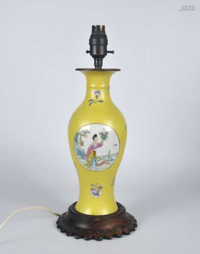 A Chinese yellow ground famile rose sgrafitto vase lamp, lat...