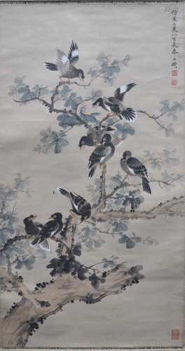 A Chinese scroll painting of eight magpies, signature & seal...