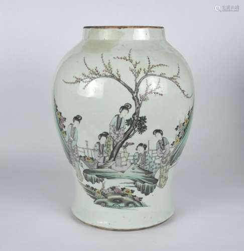 A large Chinese famille rose jar painted with ladies under a...