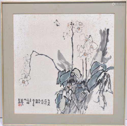 A framed Chinese painting painted with butterfly & orchid