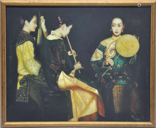 A Chinese oil painting of ladies playing instrument, after C...