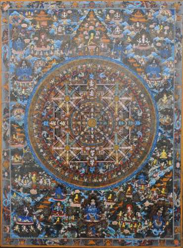 A large finely painted Tibetan thangka in gilt frame, 19/20t...