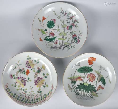 Three Chinese Famille Rose Plates painted with birds