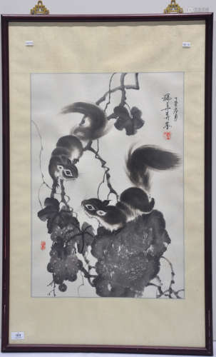 A large framed Chinese painting of squirrels, ink on paper