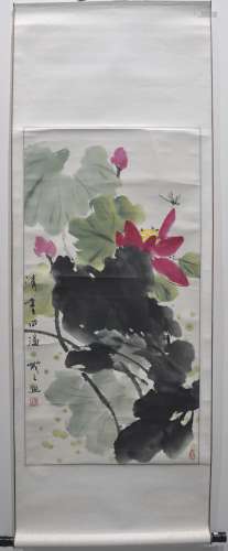 A Chinese painting scroll of lotus & dragonfly