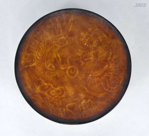 A Chinese circular lacquer box painted with dragon & pheonix...