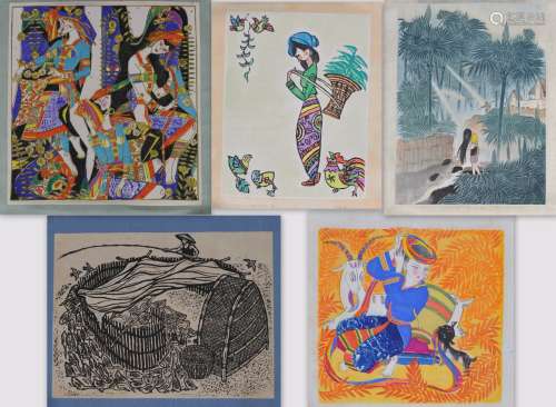 A collection of five Chinese woodblock prints, circa 1980s