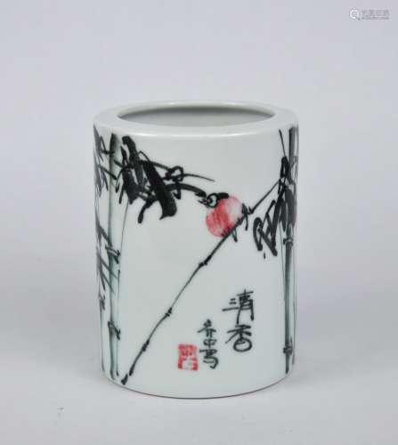 A Chinese Jingdezhen brush pot painted with bamboo & bird, s...