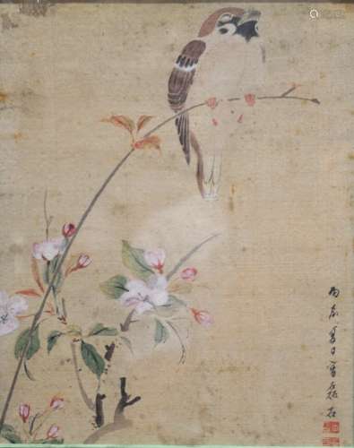 A framed Chinese painting of sparrow, signature & seal mark ...